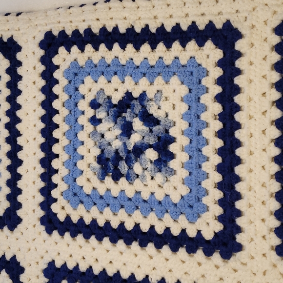 Handcrafted crochet blanket blue and white 85" x 66" - Picture 2 of 3